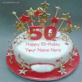 Print Name On 50th Year Wishes Birthday Cake Photo