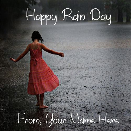 Write Name On Cute Girl Playing Happy Rain Day Image