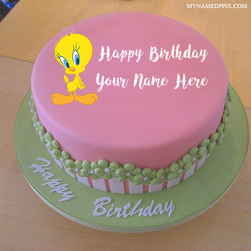 Write Kids Name Cartoon Tweety Birthday Cake Wishes