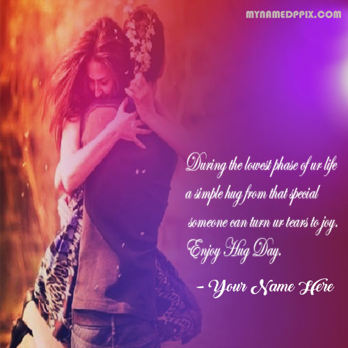 Hug Day Greeting Quote Card Name Wishes Romantic Couple Image