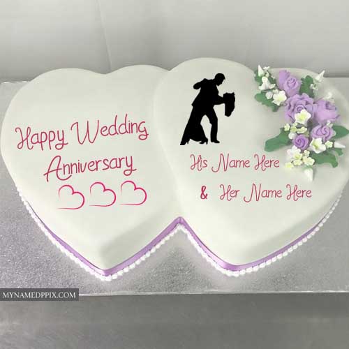 Double Heart Anniversary Cake Wishes Couple Name Photo