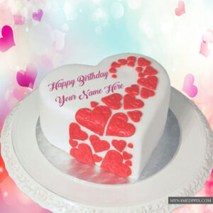 Write Name Lovely Heart Decorated Birthday Cake Image Send
